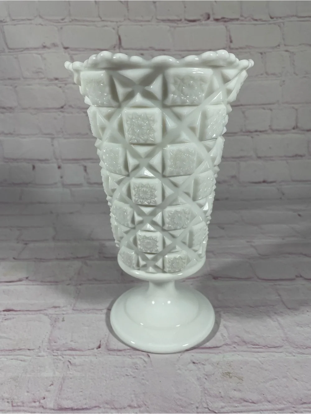 Vintage Westmoreland Old Quilt White Milk Glass Scalloped Rim Vase 9”